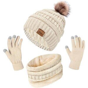 Winter Hat Scarf Touch Screen Gloves Set 3 Pcs Warm Knit Fleece Lined Beanie NEW